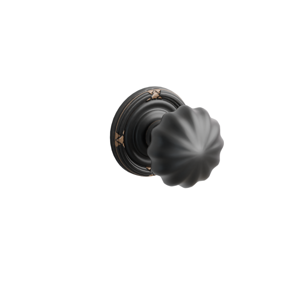 Emtek Door Handle - Melon Knob Ribbon & Reed Rosette - Classic Brass