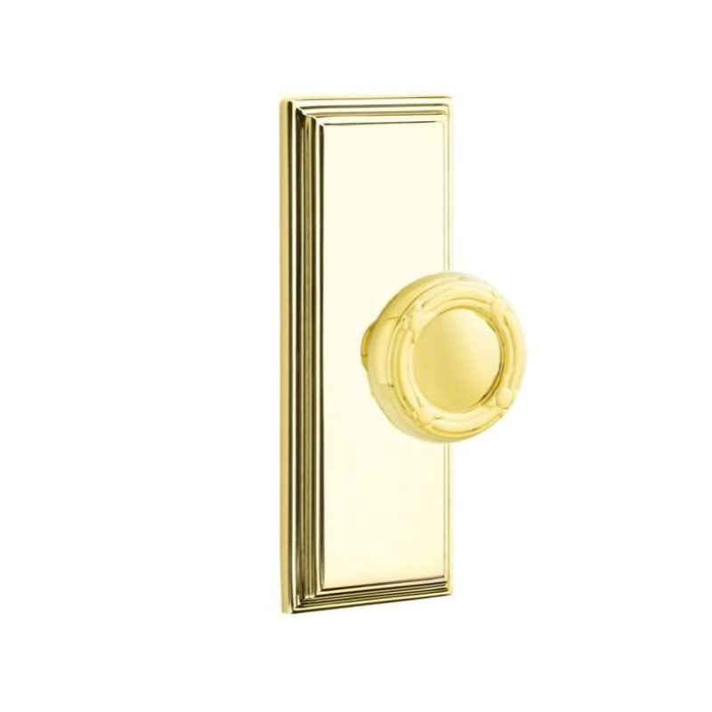 Emtek Door Handle - Ribbon & Reed Knob 7" Wilshire Sideplate - Designer Brass