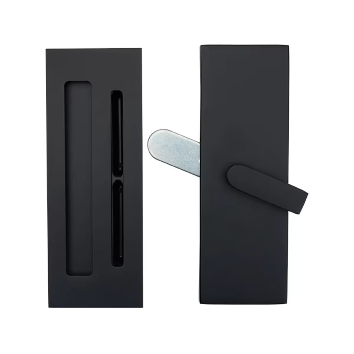 Emtek Modern Rectangular Barn Door Privacy Lock and Narrow Flush Pull with Integrated Strike — Barn Door Hardware Collection