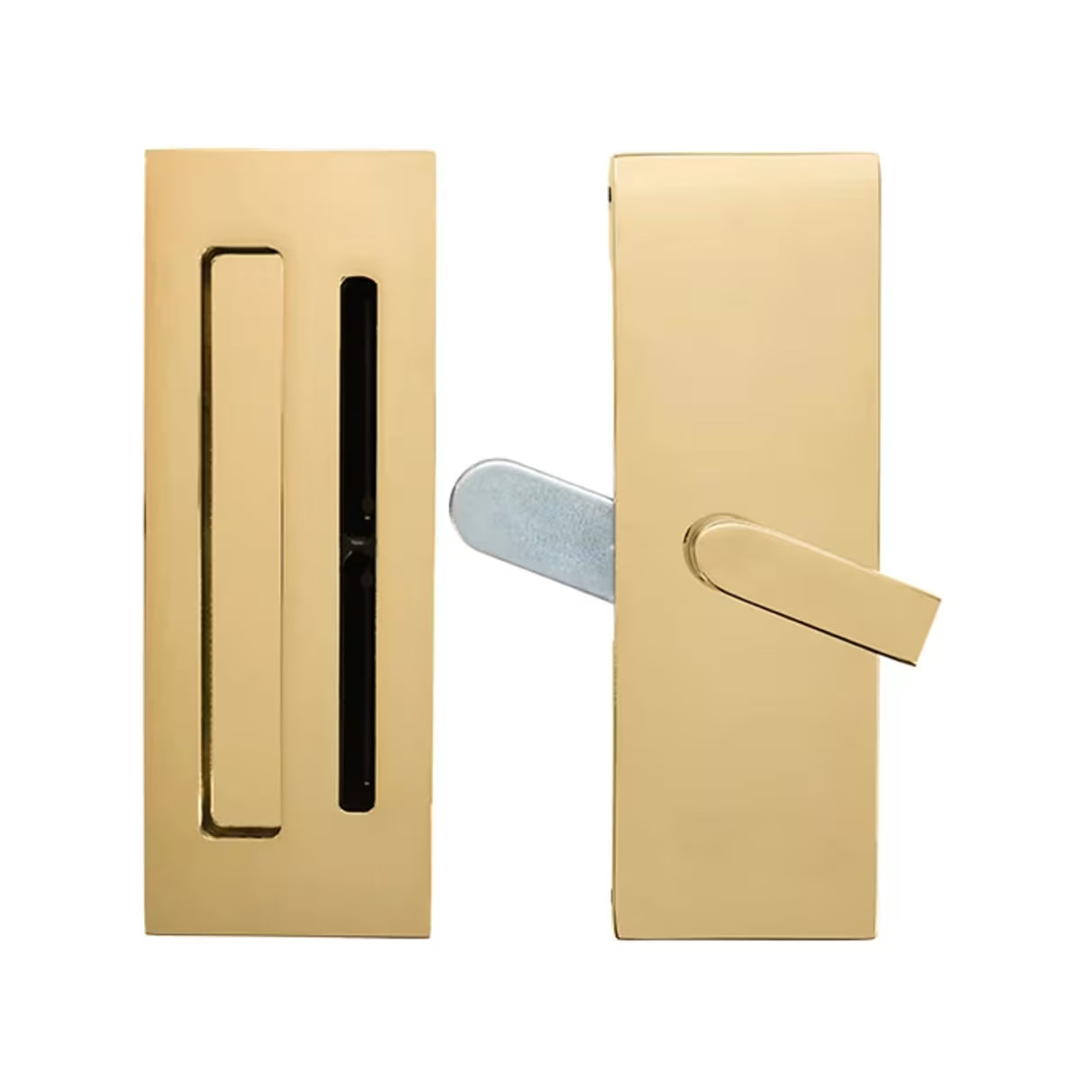 Emtek Modern Rectangular Barn Door Privacy Lock and Narrow Flush Pull with Integrated Strike — Barn Door Hardware Collection