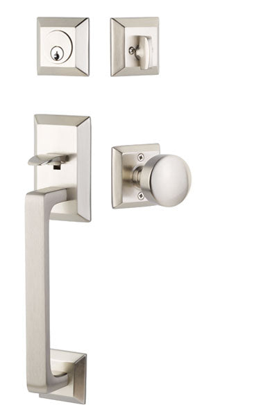 Transitional Heritage Sectional Brass Tubular Entry Set with Urban Modern Laurent Knob in Satin Nickel finish