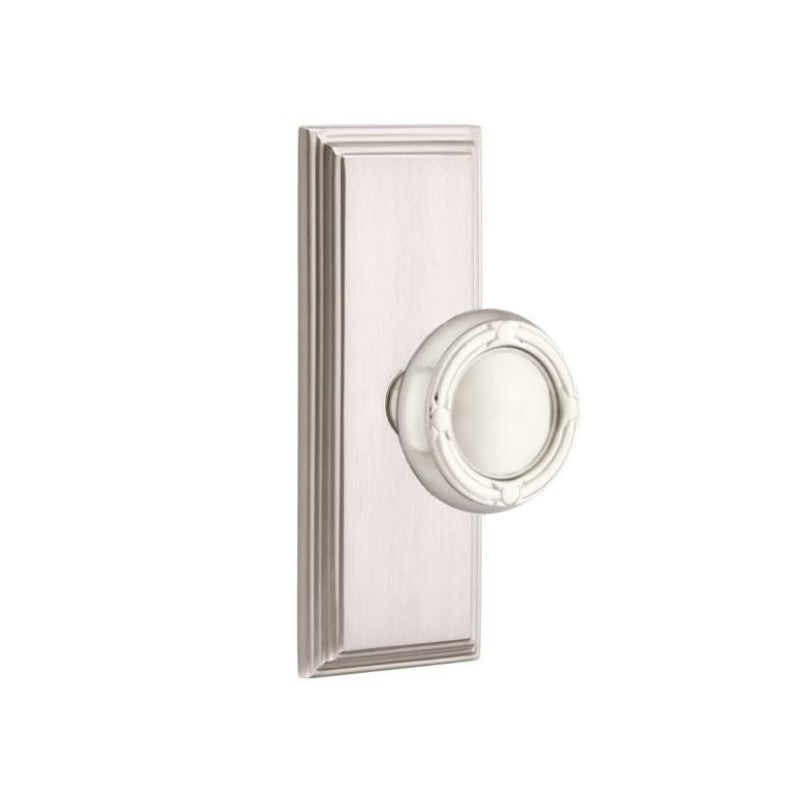 Emtek  Door Handle - Ribbon & Reed Knob 7" Wilshire Sideplate - Designer  Brass