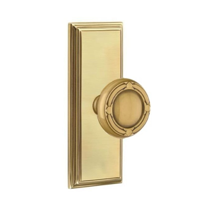 Emtek  Door Handle - Ribbon & Reed Knob 7" Wilshire Sideplate - Designer  Brass
