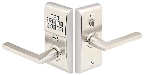 Modern Brass Keypad Leverset with Helios lever in Satin Nickel finish