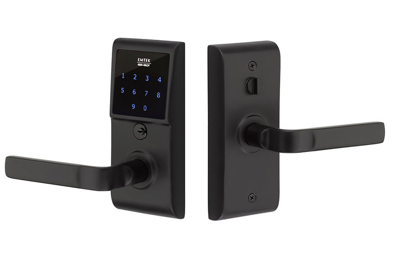 EMTouch™ Brass Keypad Leverset with Aston lever in Flat Black finish, passage/privacy function
