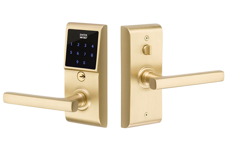 EMTouch™ Brass Keypad Leverset with Freestone lever in Satin Brass finish, passage/privacy function