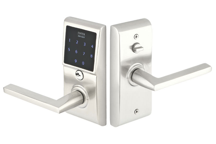 EMTouch™ Brass Keypad Leverset with Helios lever in Satin Nickel finish, passage/privacy function