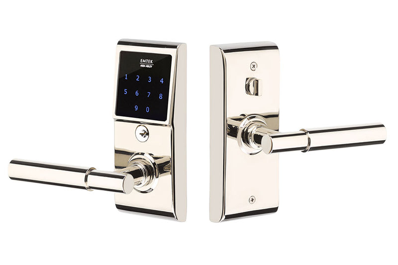 EMTouch™ Brass Keypad Leverset with Myles lever in Polished Nickel finish, passage/privacy function
