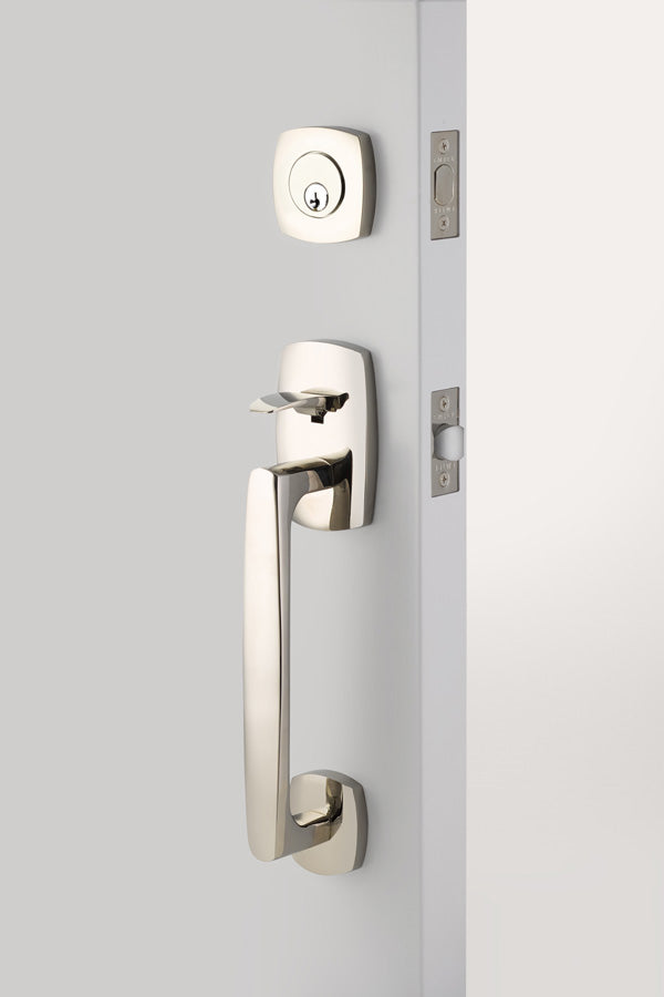 Urban Modern Brass Tubular Sectional Entry Set Exterior View in Polished Nickel - Lifetime, Exterior View