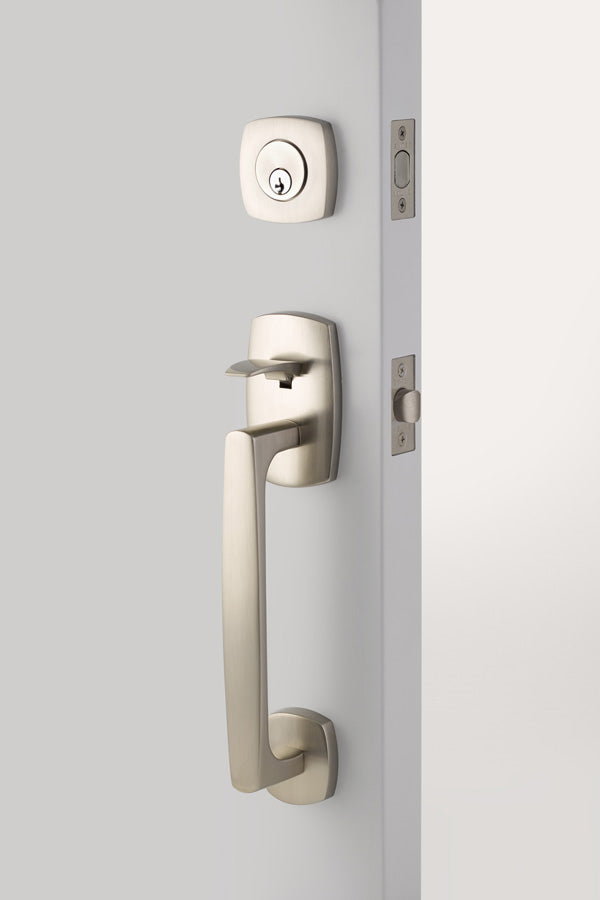 Urban Modern Brass Tubular Sectional Entry Set in Satin Nickel, Exterior View