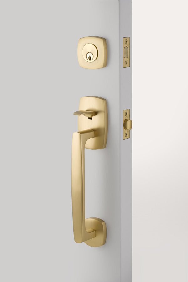Urban Modern Brass Tubular Sectional Entry Set in Satin Brass, Exterior View