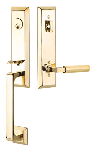 Transitional Heritage Monolithic Brass Tubular Entry Set with EMTEK SELECT, L-Square Faceted Lever in Unlacquered Brass finish